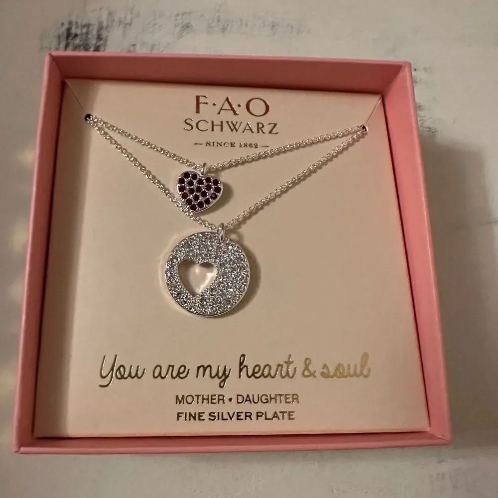 FAO Schwartz Valentines Set Mother Daughter necklaces silver